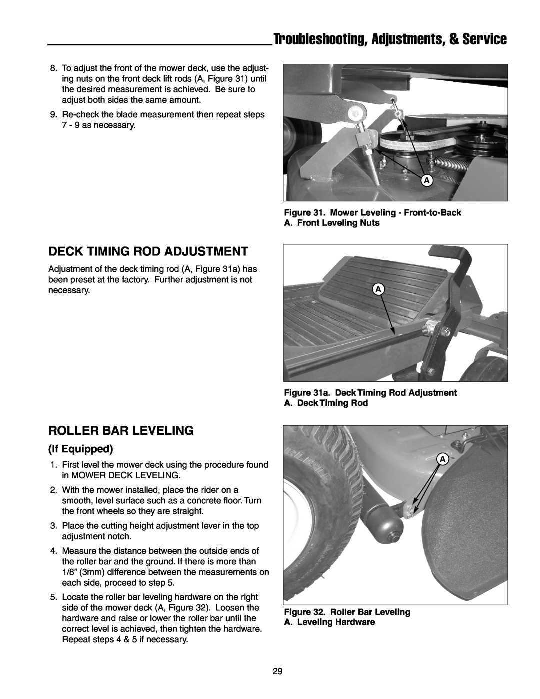 Simplicity 250 Z manual Deck Timing Rod Adjustment, Roller Bar Leveling, Troubleshooting, Adjustments, & Service 