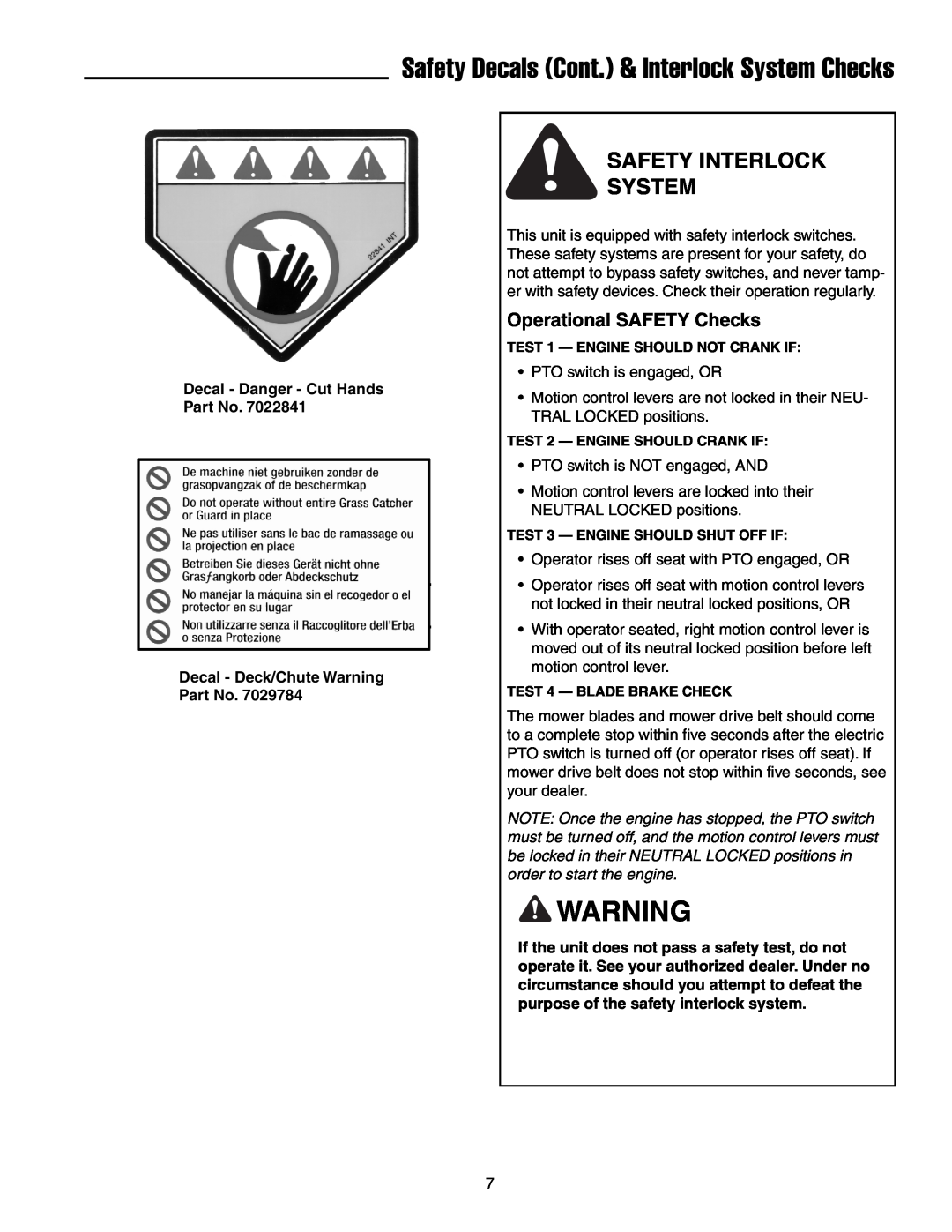 Simplicity 250 Z manual Safety Decals Cont. & Interlock System Checks, Safety Interlock System 
