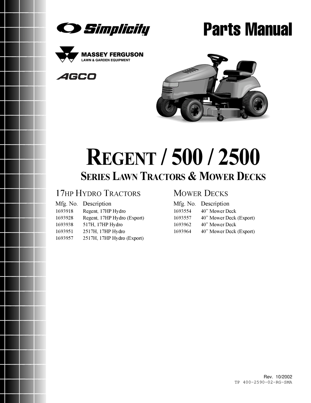 Simplicity 2500 Series manual Regent / 500 