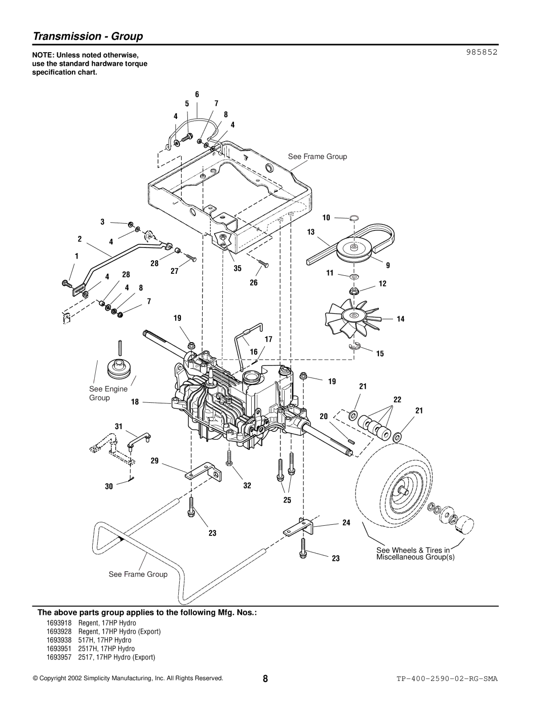 Simplicity 2500 Series manual Transmission Group, 985852 