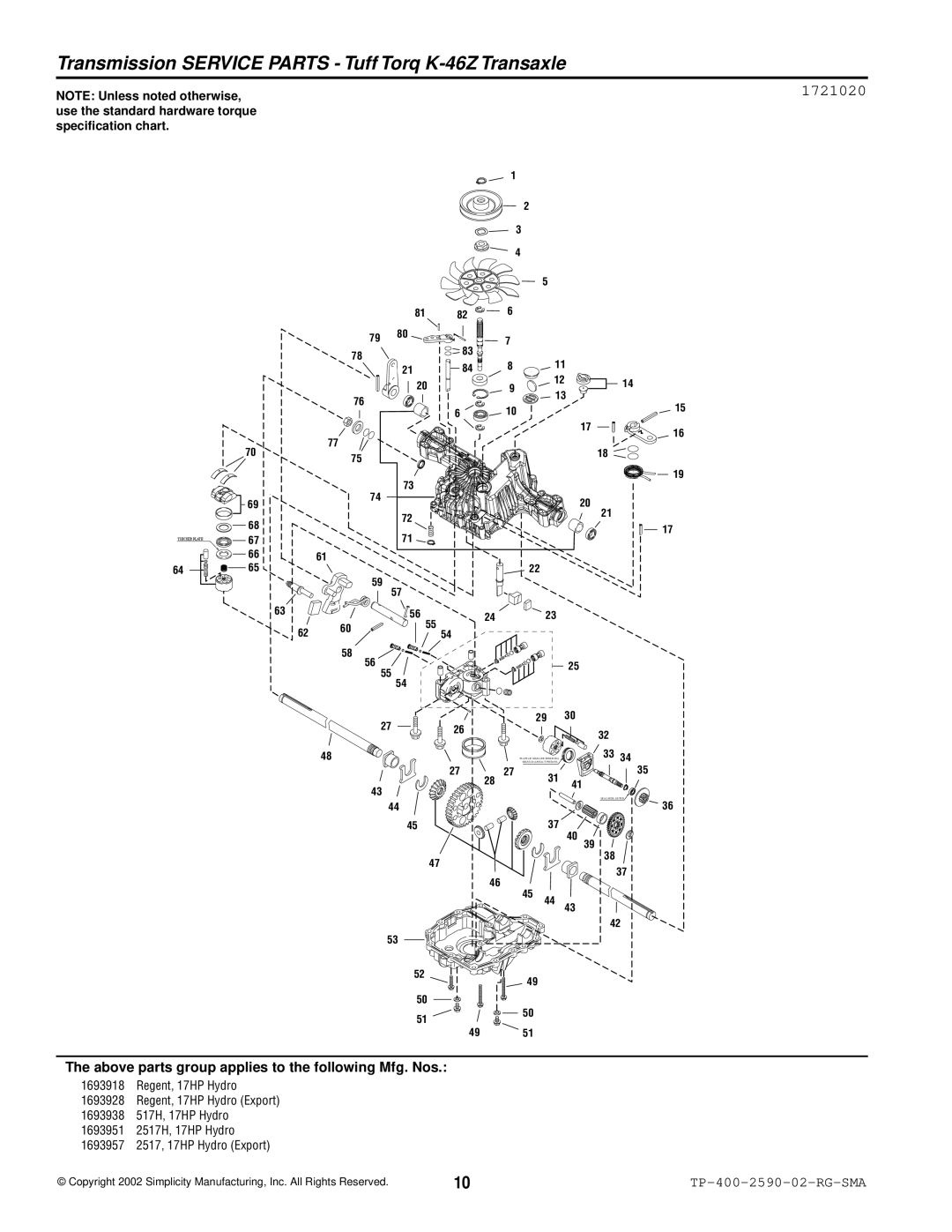 Simplicity 2500 Series manual Transmission Service Parts Tuff Torq K-46Z Transaxle, 1721020 