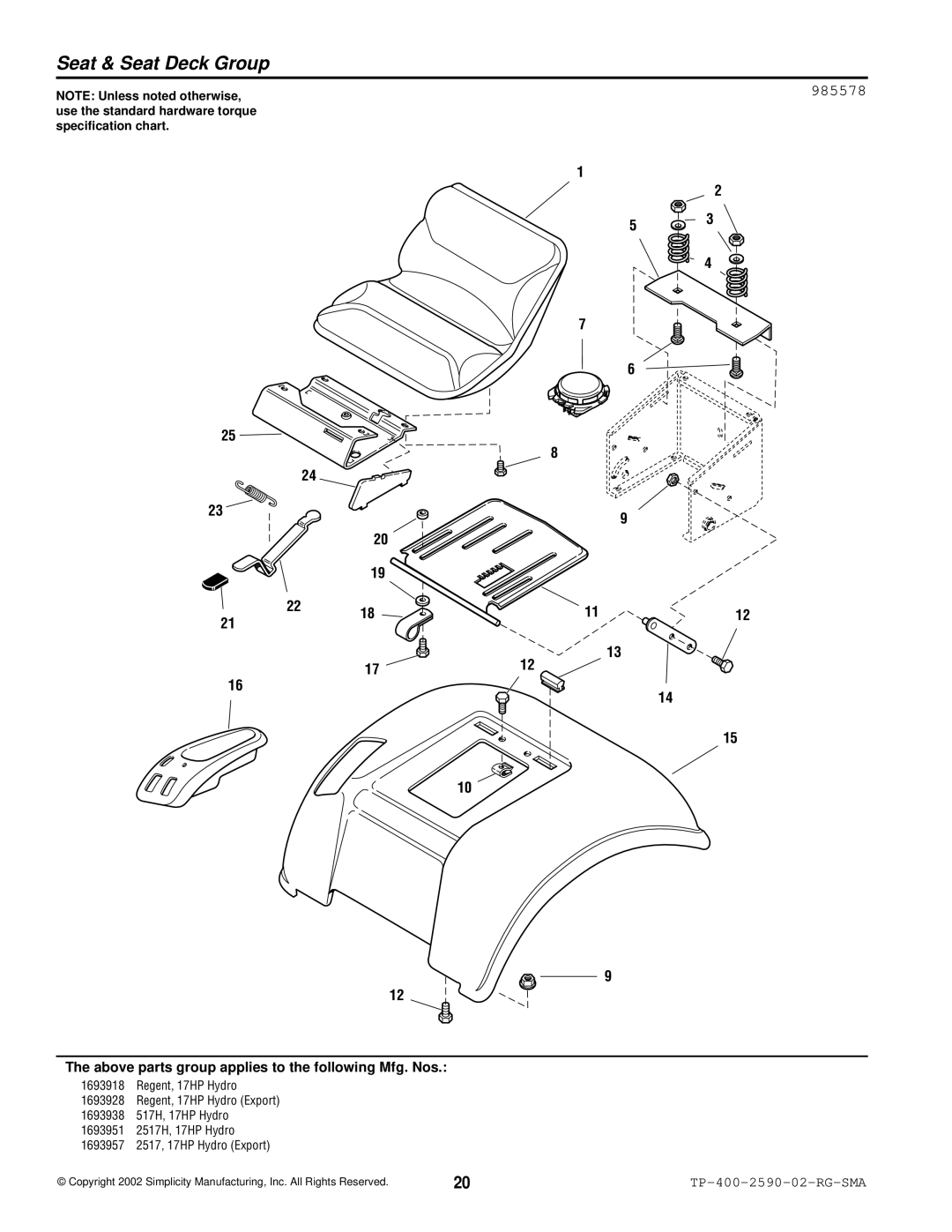 Simplicity 2500 Series manual Seat & Seat Deck Group, 985578 