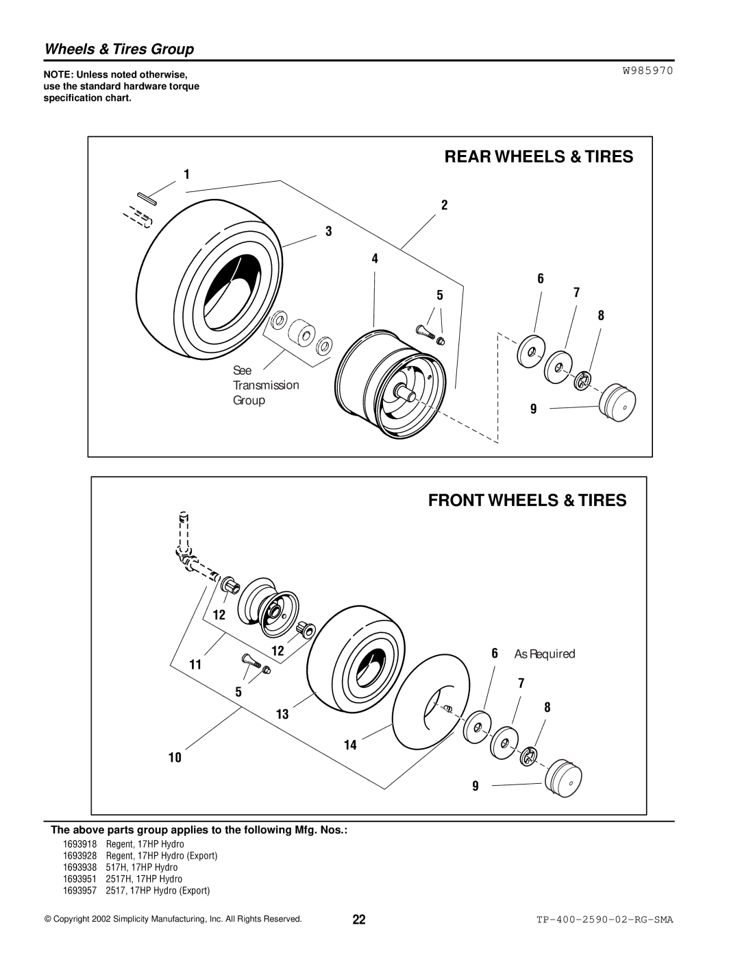 Simplicity 2500 Series manual Wheels & Tires Group, W985970 