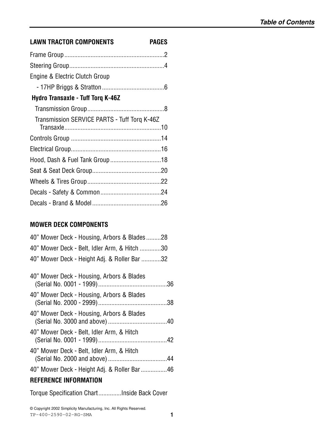 Simplicity 2500 Series manual Table of Contents 