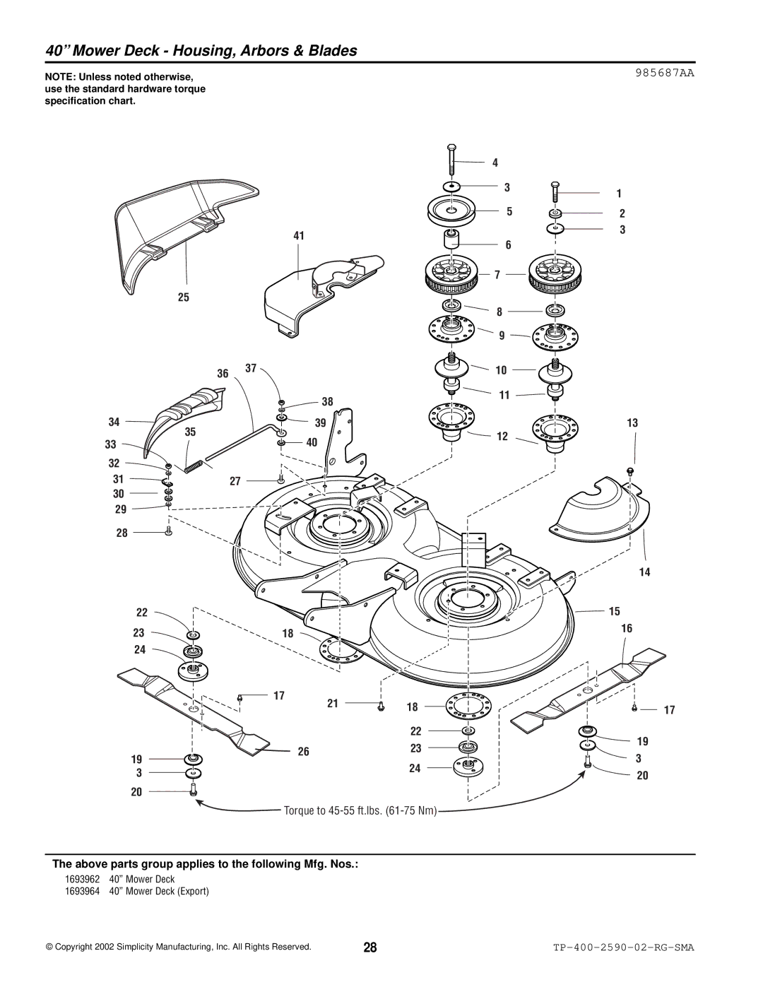 Simplicity 2500 Series manual Mower Deck Housing, Arbors & Blades, 985687AA 