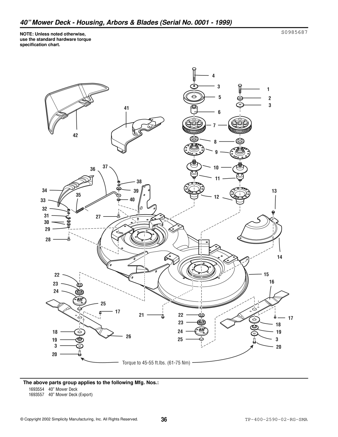 Simplicity 2500 Series manual Mower Deck Housing, Arbors & Blades Serial No, S0985687 