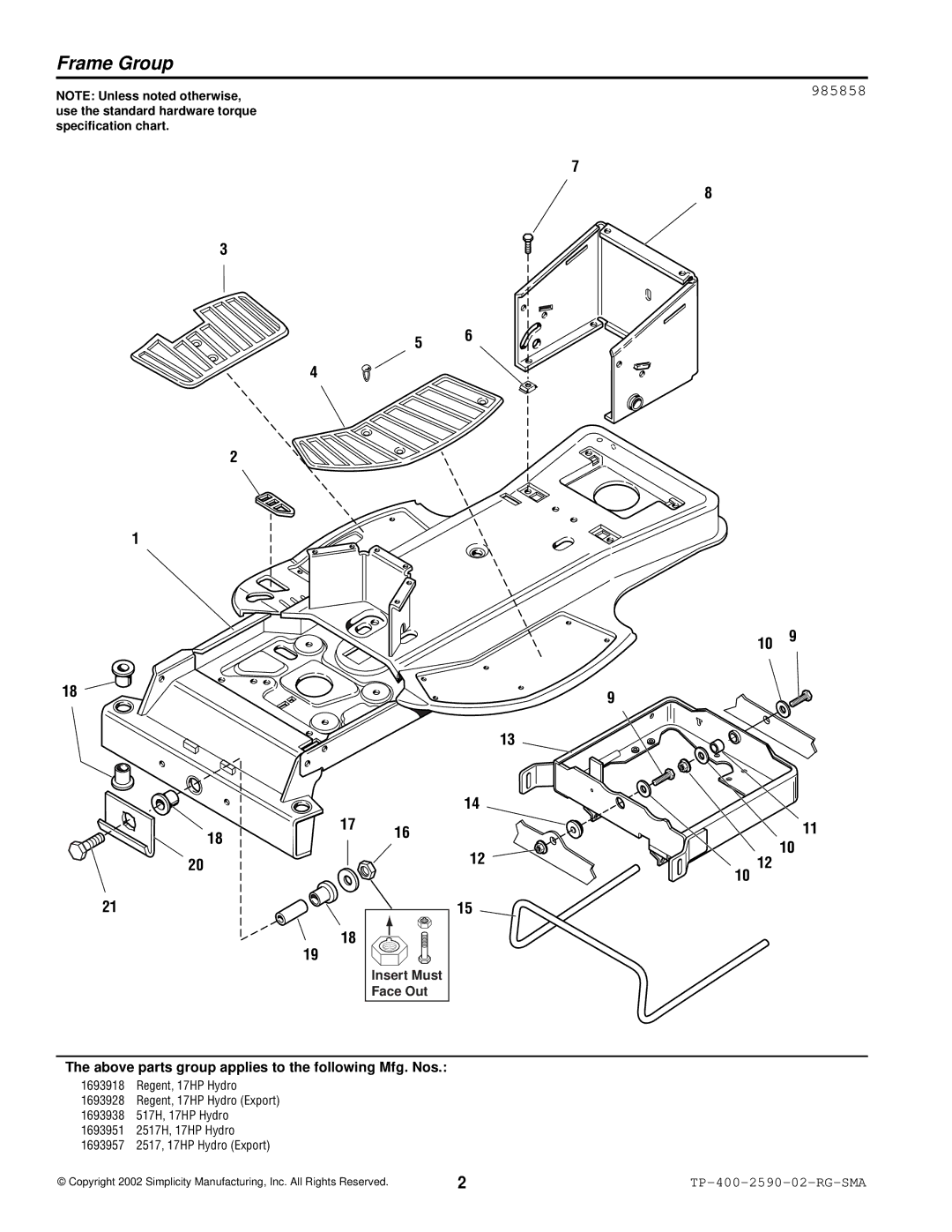 Simplicity 2500 Series manual Frame Group, 985858 