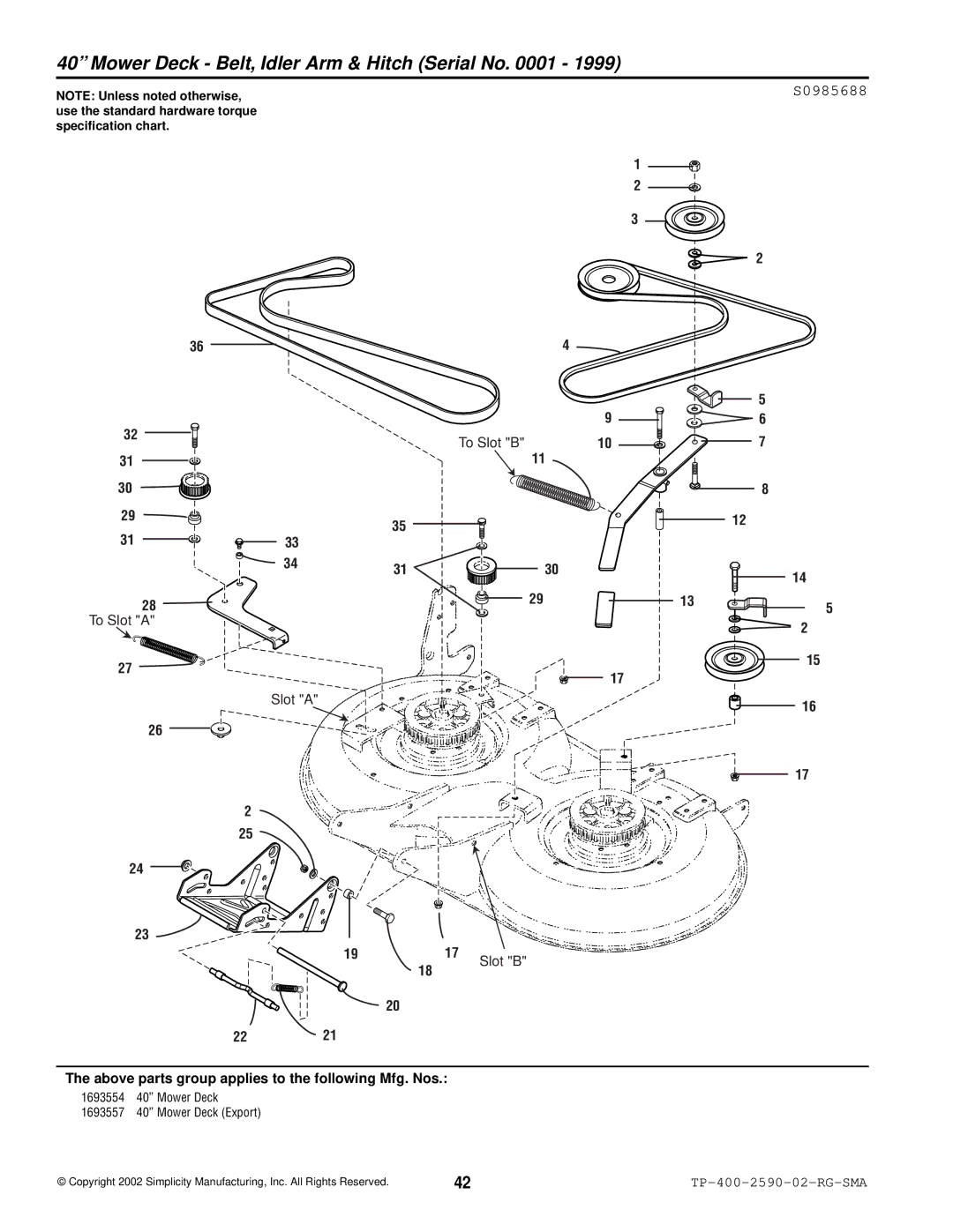 Simplicity 2500 Series manual Mower Deck Belt, Idler Arm & Hitch Serial No, S0985688 