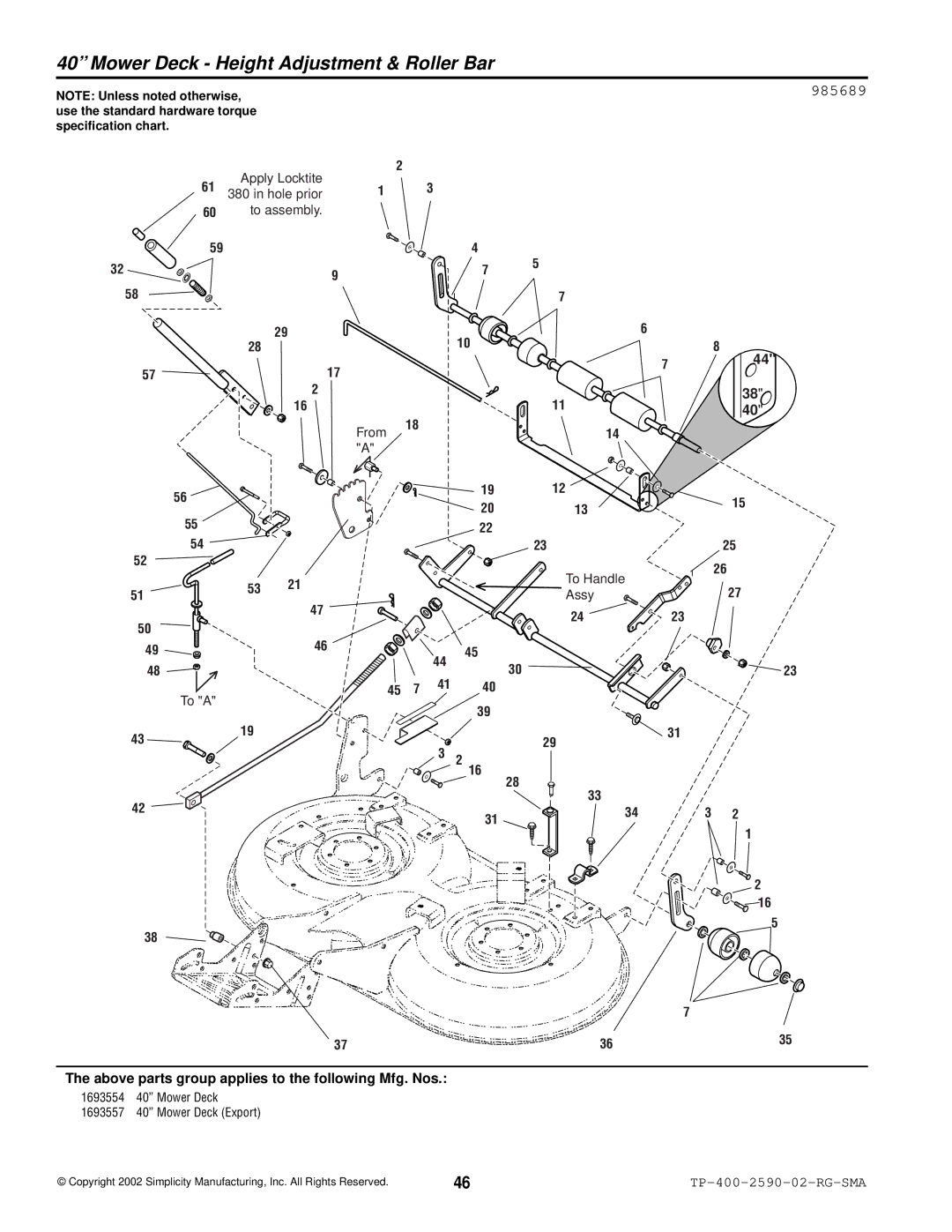 Simplicity 2500 Series manual Mower Deck Height Adjustment & Roller Bar, 985689 