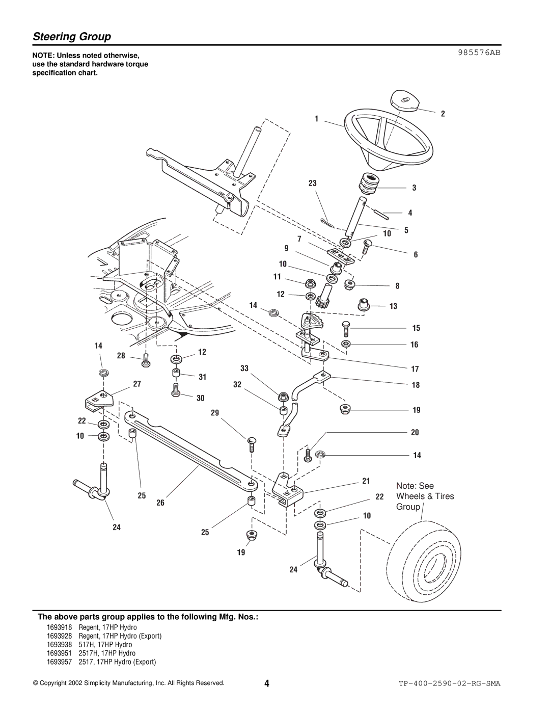 Simplicity 2500 Series manual Steering Group 