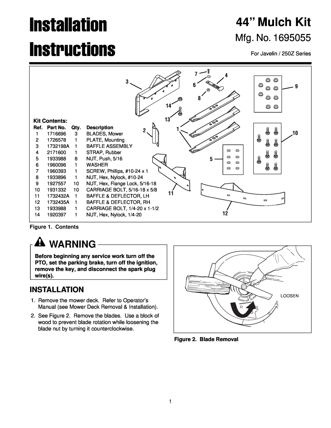 Simplicity 250Z installation instructions Installation Instructions, 44” Mulch Kit, Mfg. No 