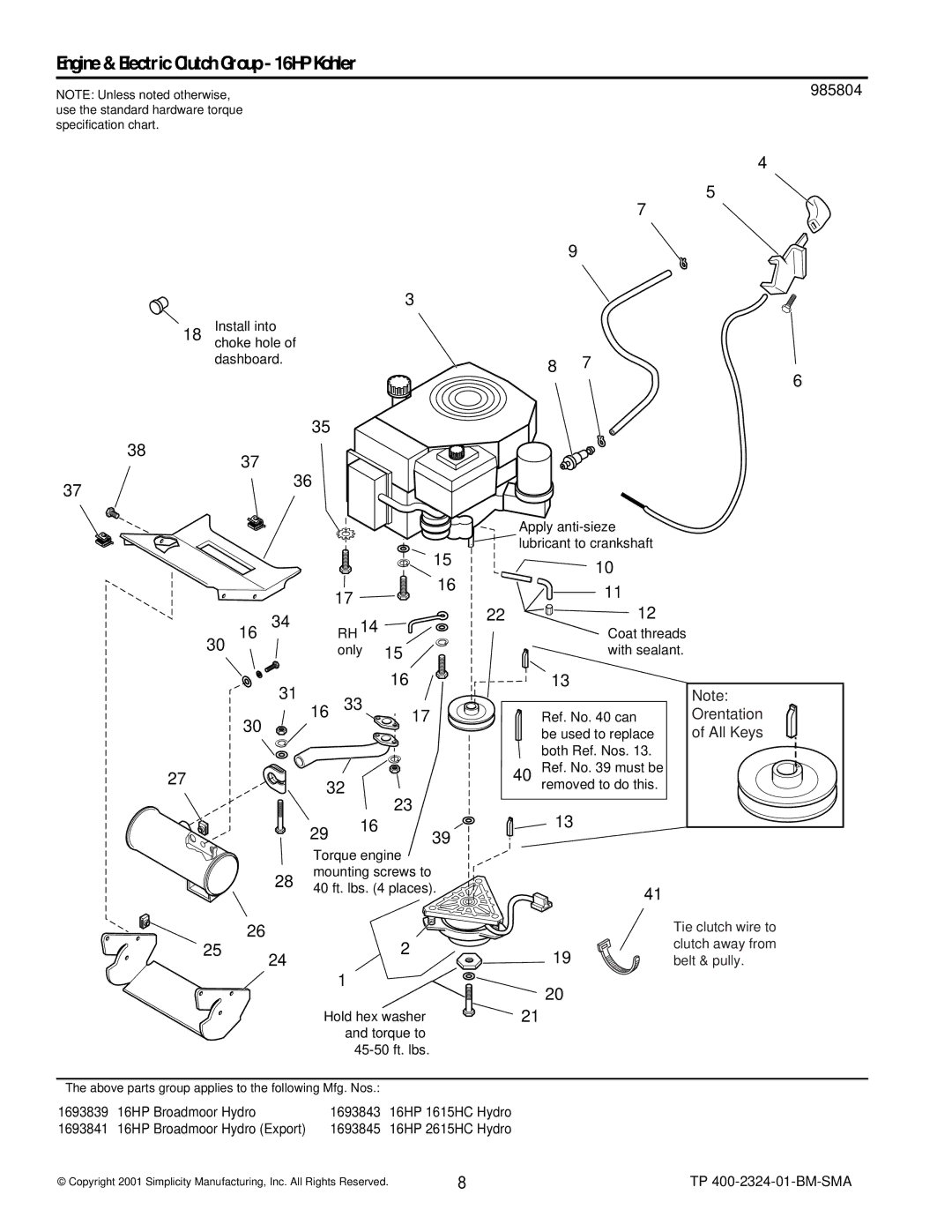 Simplicity 2600, 1600 manual 985804, Orentation All Keys 