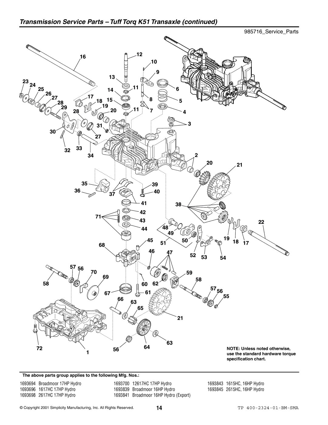 Simplicity 2600, 1600 manual Transmission Service Parts Tuff Torq K51 Transaxle 