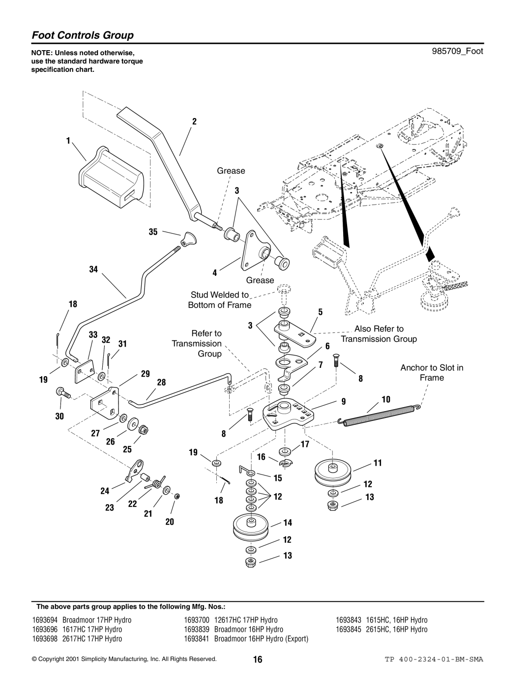 Simplicity 2600, 1600 manual Foot Controls Group, 985709Foot, Grease 