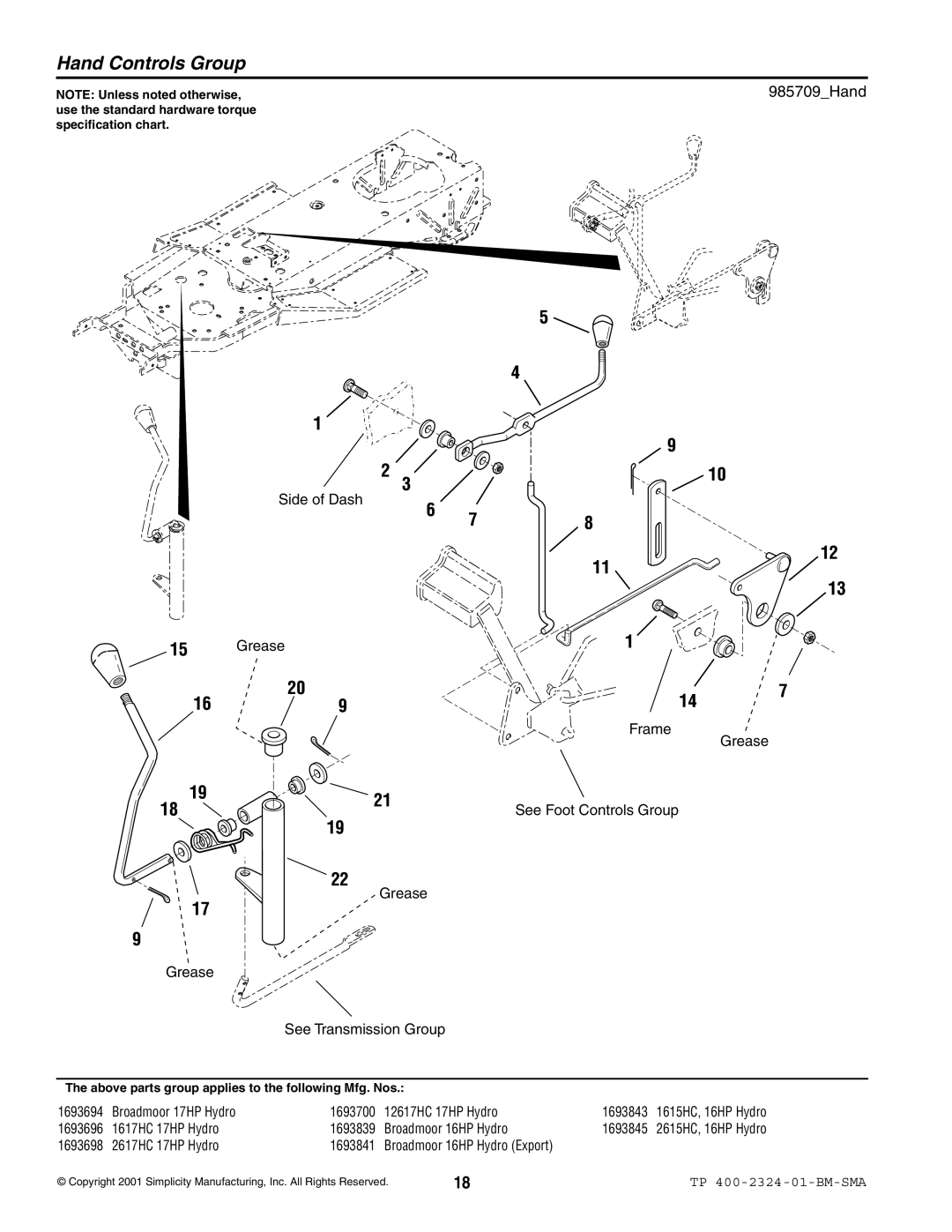 Simplicity 2600, 1600 manual Hand Controls Group, 985709Hand, Side of Dash Grease Frame See Foot Controls Group 