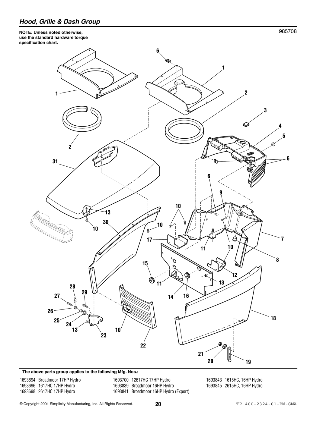 Simplicity 2600, 1600 manual Hood, Grille & Dash Group, 985708 
