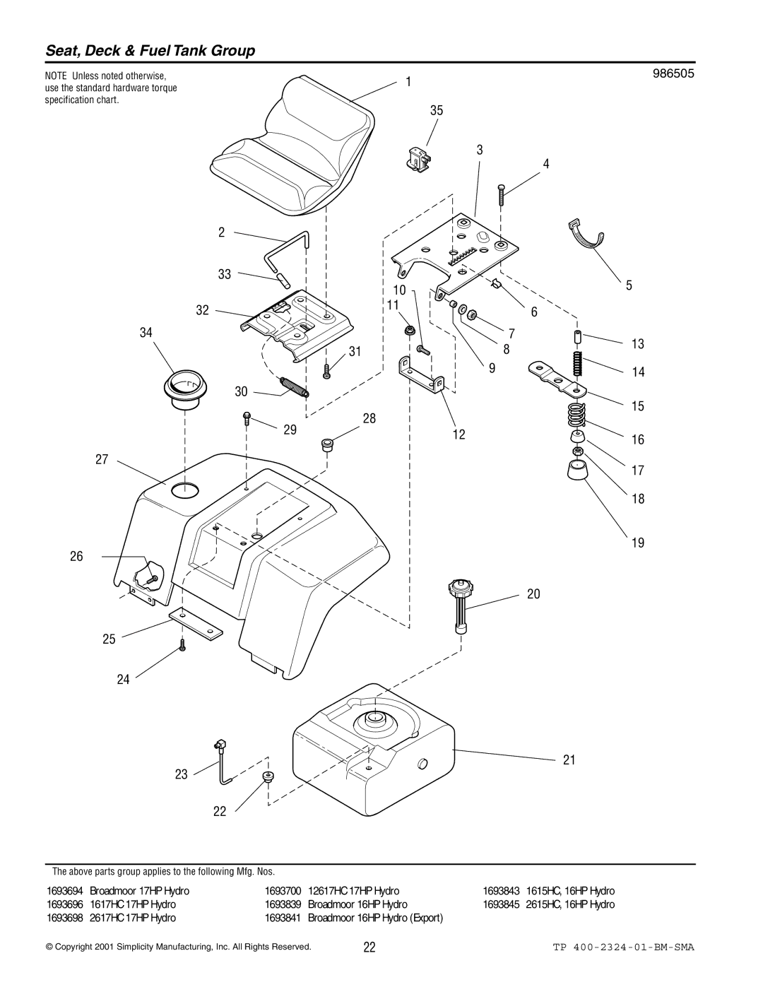 Simplicity 2600, 1600 manual Seat, Deck & Fuel Tank Group, 986505 