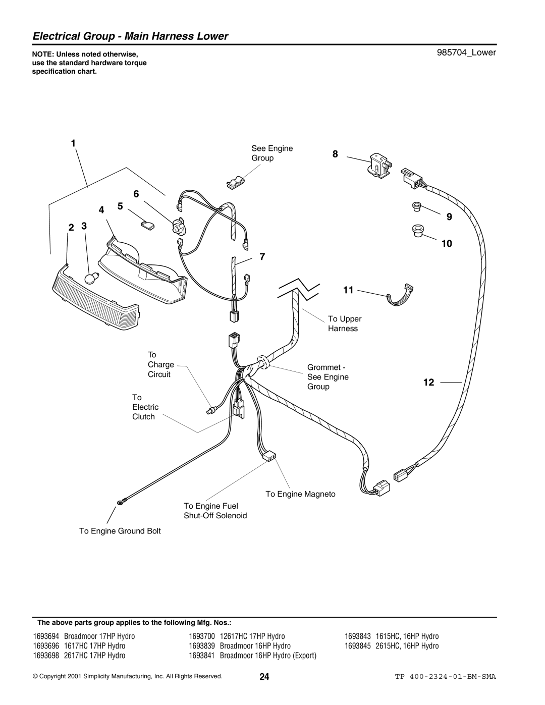 Simplicity 2600, 1600 manual Electrical Group Main Harness Lower, 985704Lower 