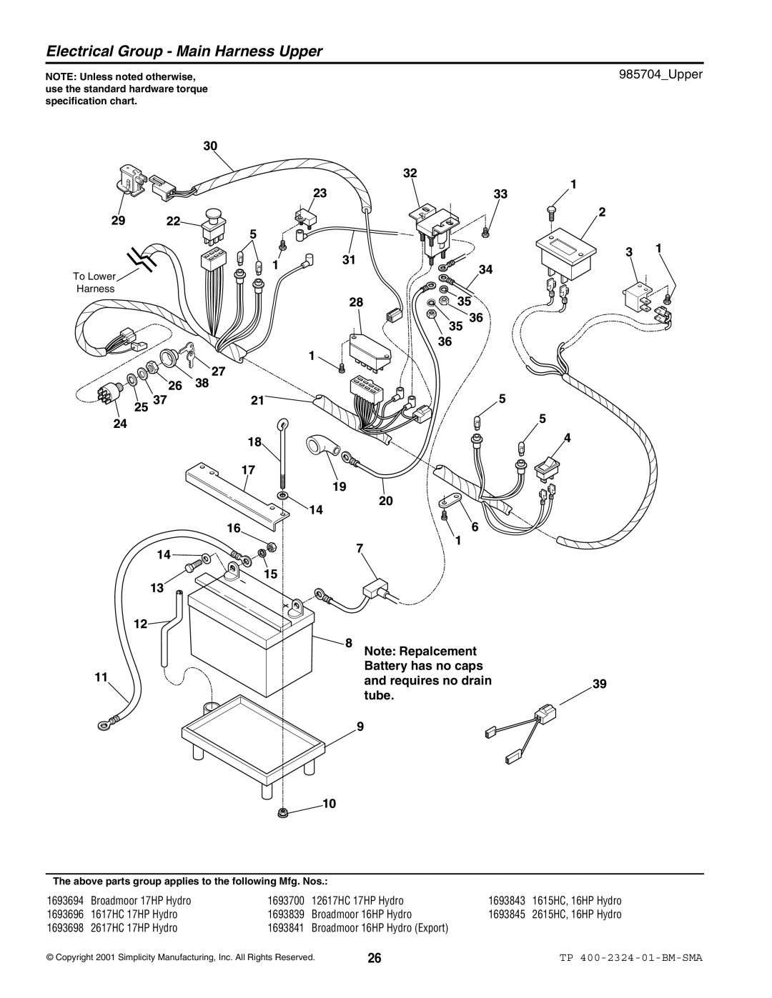 Simplicity 2600, 1600 manual Electrical Group Main Harness Upper, 985704Upper, Requires no drain Tube 