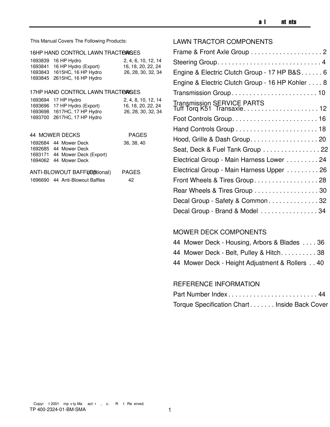 Simplicity 1600, 2600 manual Table of Contents 