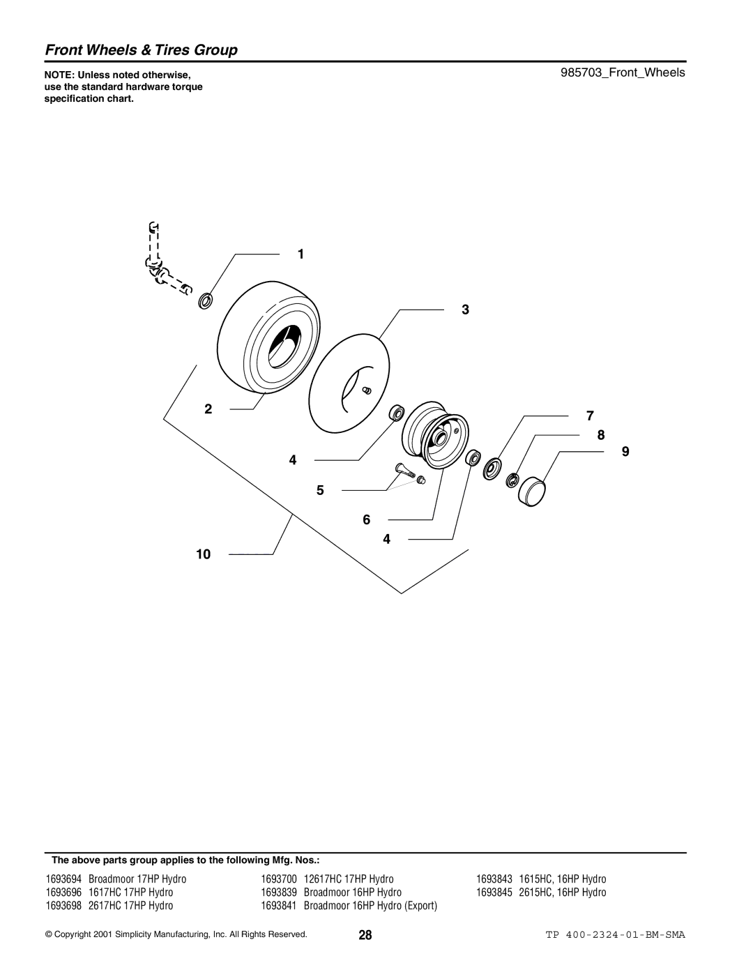 Simplicity 2600, 1600 manual Front Wheels & Tires Group, 985703FrontWheels 