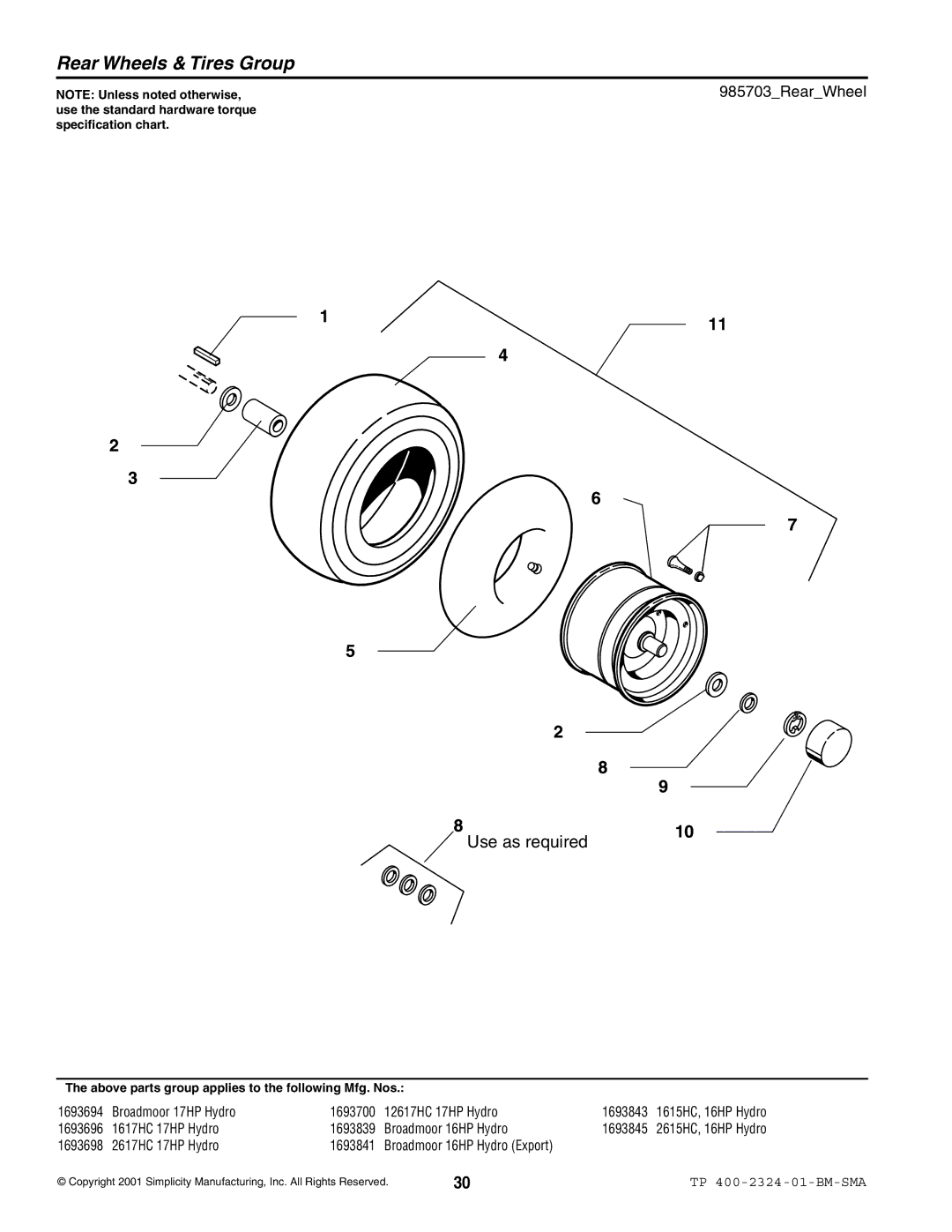 Simplicity 2600, 1600 manual Rear Wheels & Tires Group, 985703RearWheel 