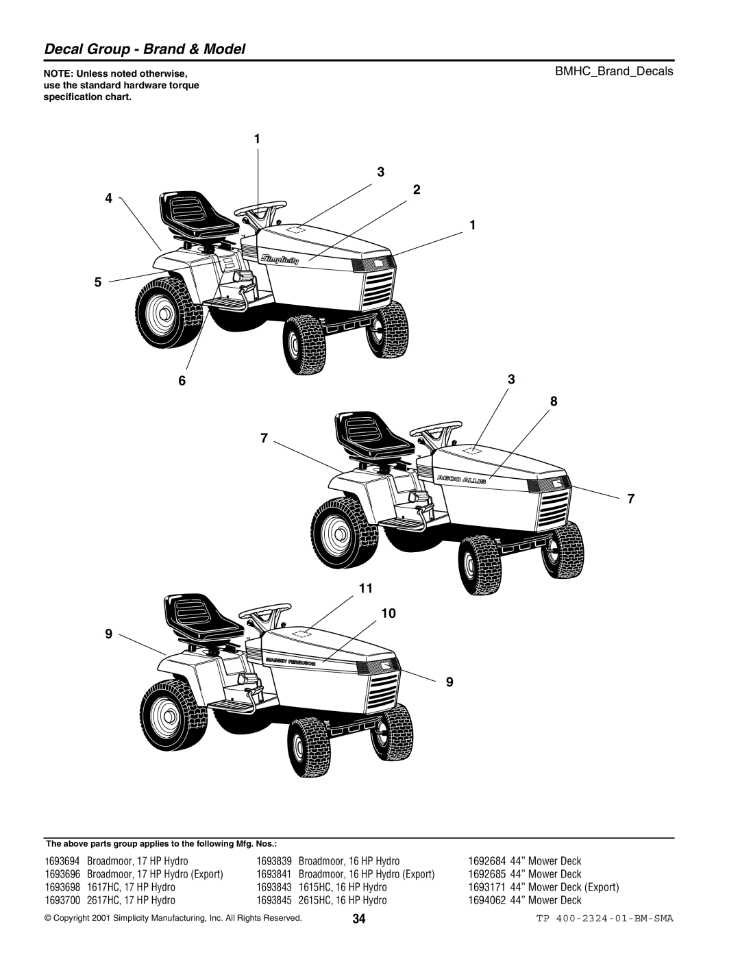 Simplicity 2600, 1600 manual Decal Group Brand & Model, BMHCBrandDecals 