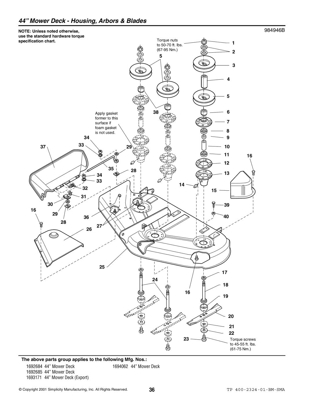 Simplicity 2600, 1600 manual Mower Deck Housing, Arbors & Blades, 984946B 