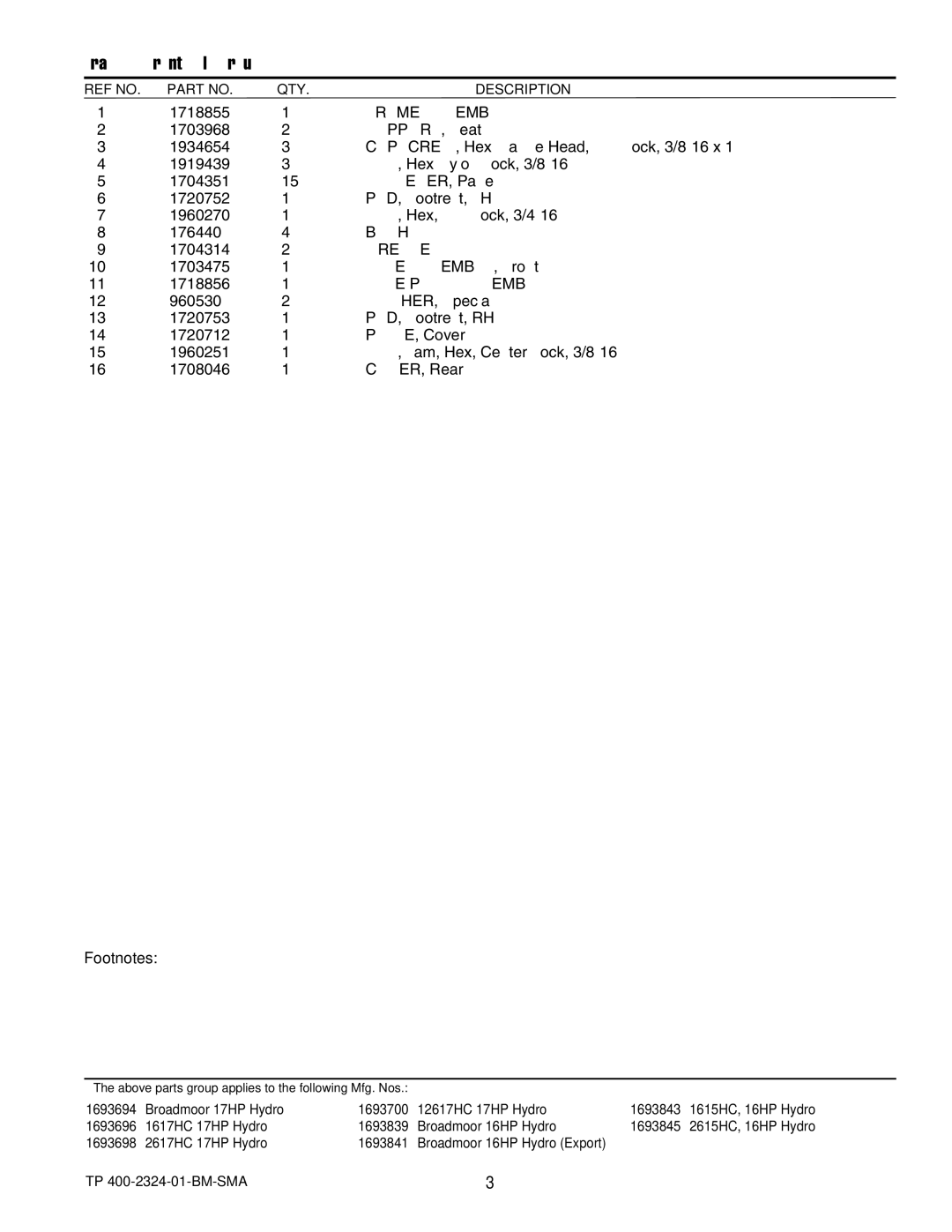 Simplicity 1600, 2600 manual Frame Assembly, Bushing, Grease Fitting, Axle Pivot Assembly, Footnotes 