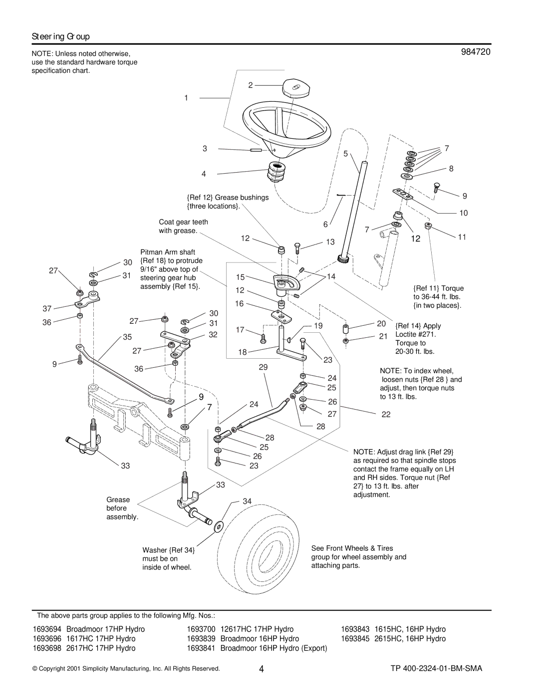 Simplicity 2600, 1600 manual Steering Group, 984720 