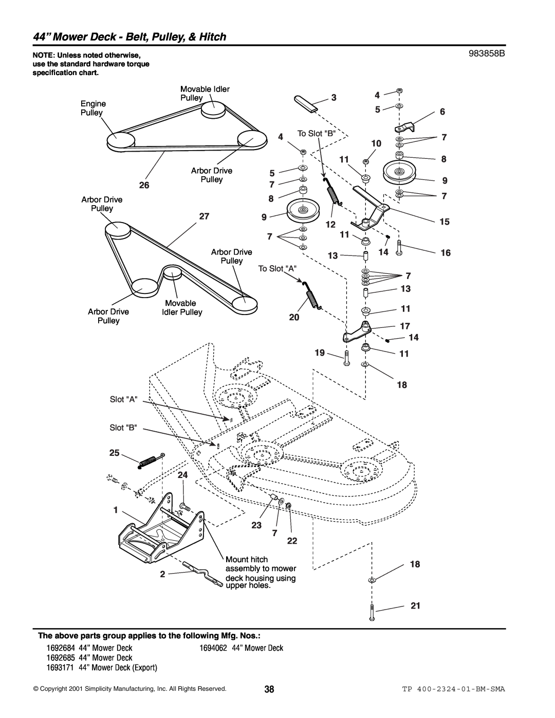 Simplicity 2600 44” Mower Deck - Belt, Pulley, & Hitch, To Slot B, To Slot A, Mount hitch, assembly to mower, upper holes 