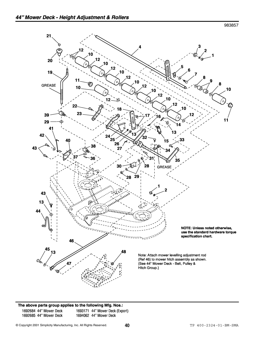 Simplicity 2600 44” Mower Deck - Height Adjustment & Rollers, The above parts group applies to the following Mfg. Nos 