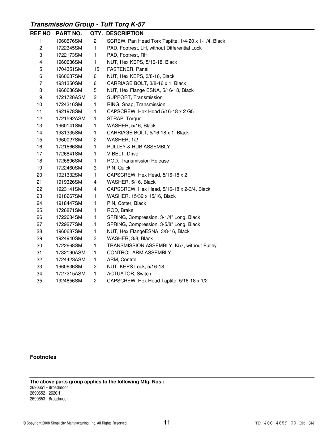 Simplicity 2600 Series manual WASHER, 1/2, Control ARM Assembly 