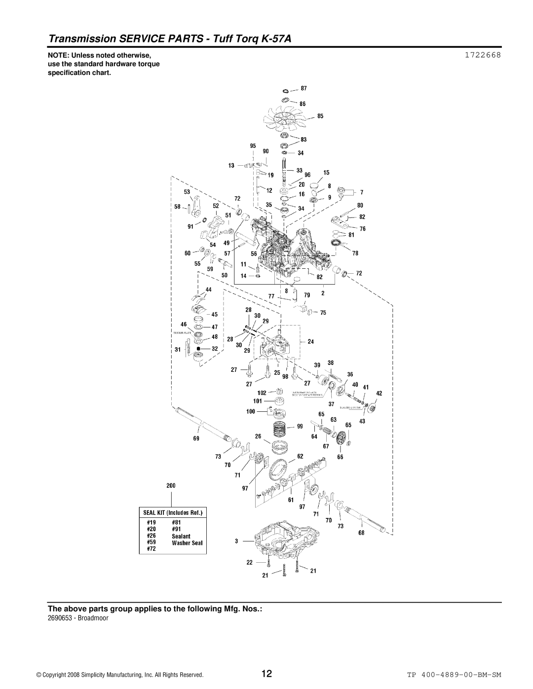 Simplicity 2600 Series manual Transmission Service Parts Tuff Torq K-57A, 1722668 