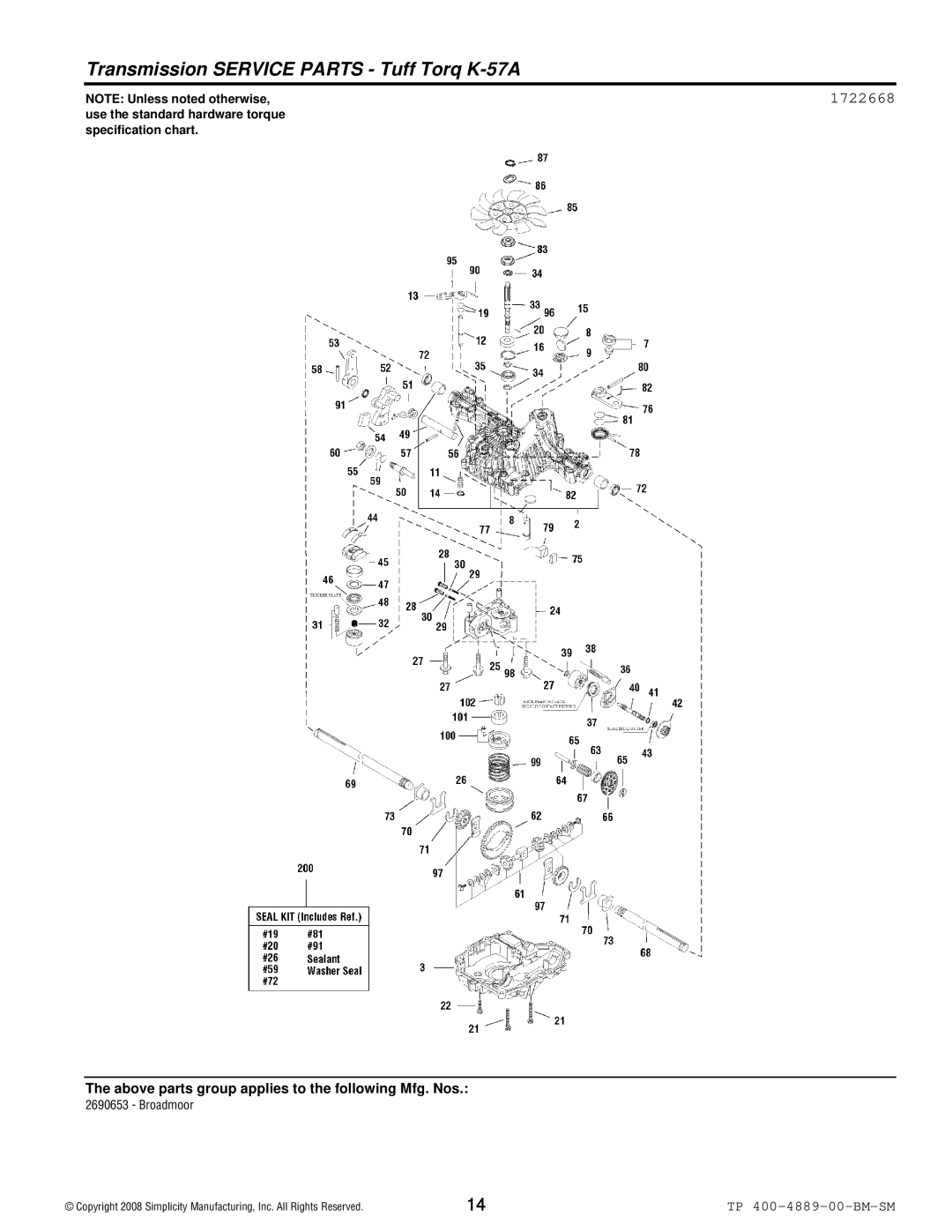 Simplicity 2600 Series manual Transmission Service Parts Tuff Torq K-57A 