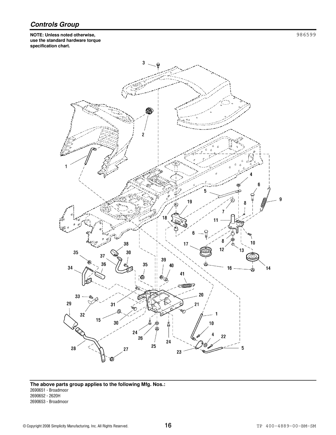 Simplicity 2600 Series manual Controls Group, 986599 