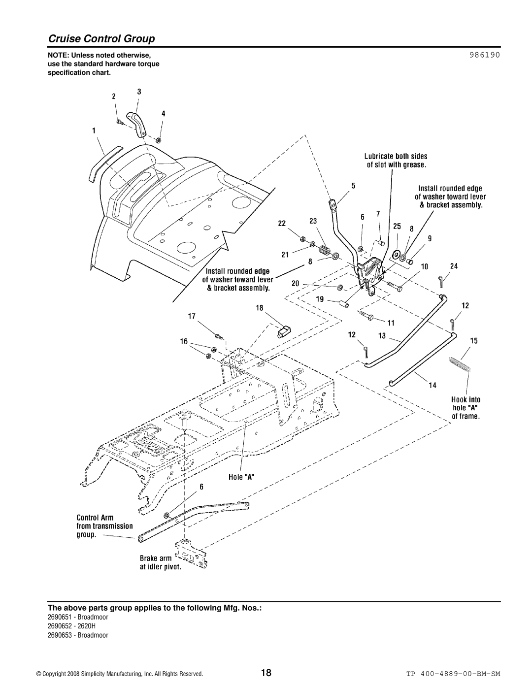 Simplicity 2600 Series manual Cruise Control Group, 986190 