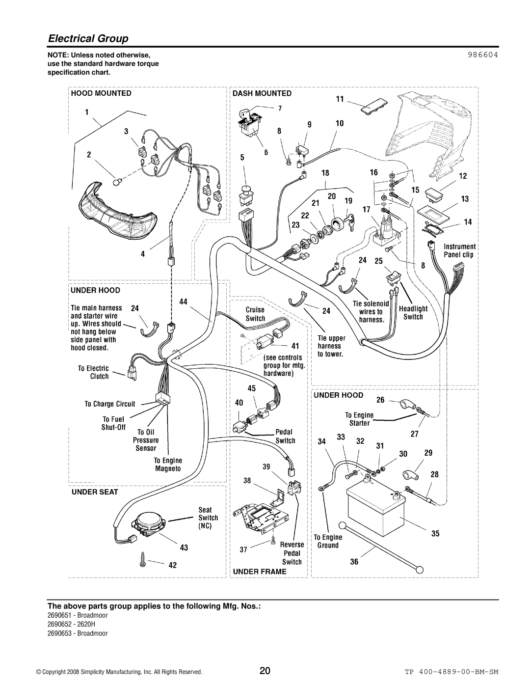 Simplicity 2600 Series manual Electrical Group, 986604 