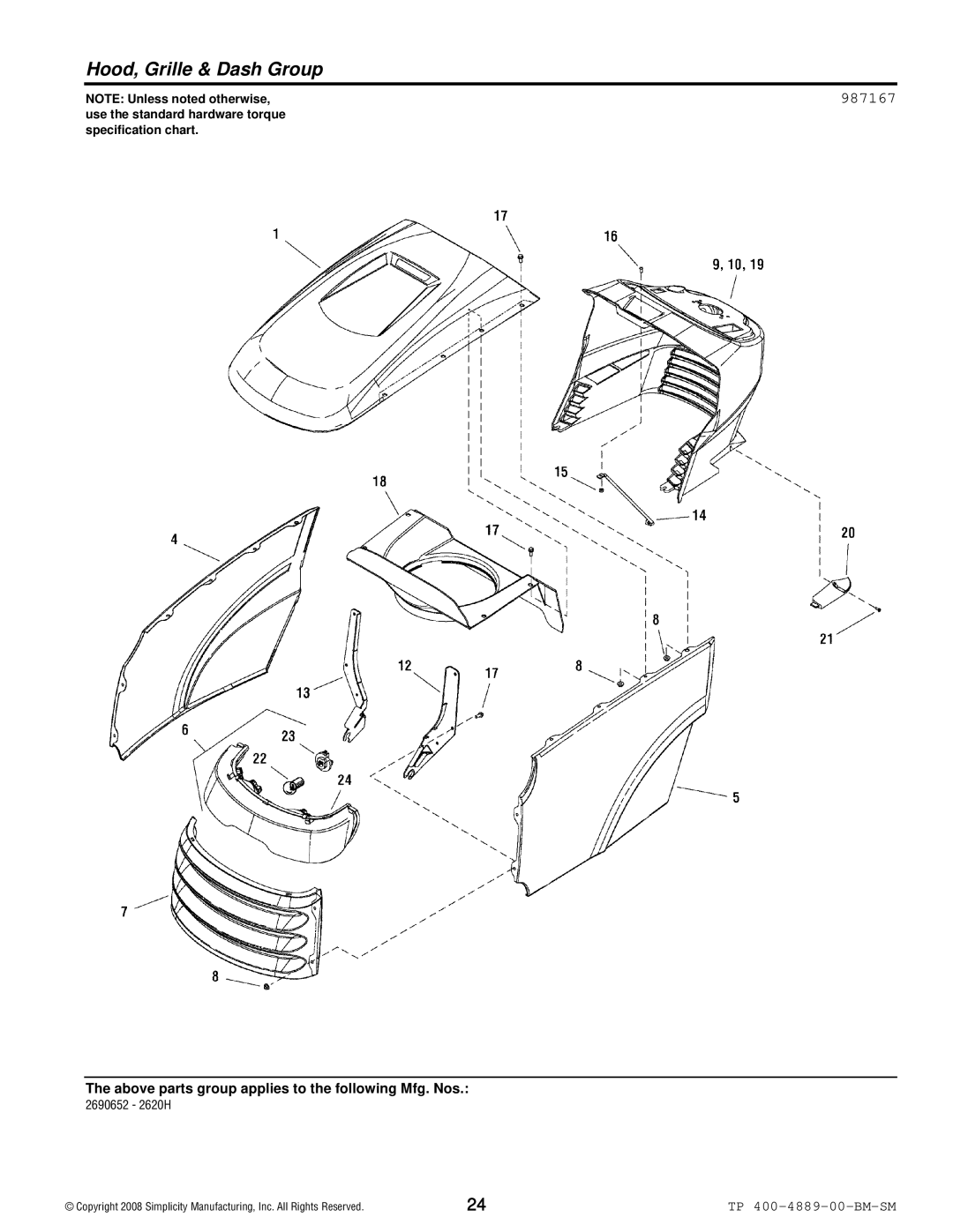 Simplicity 2600 Series manual Hood, Grille & Dash Group, 987167 