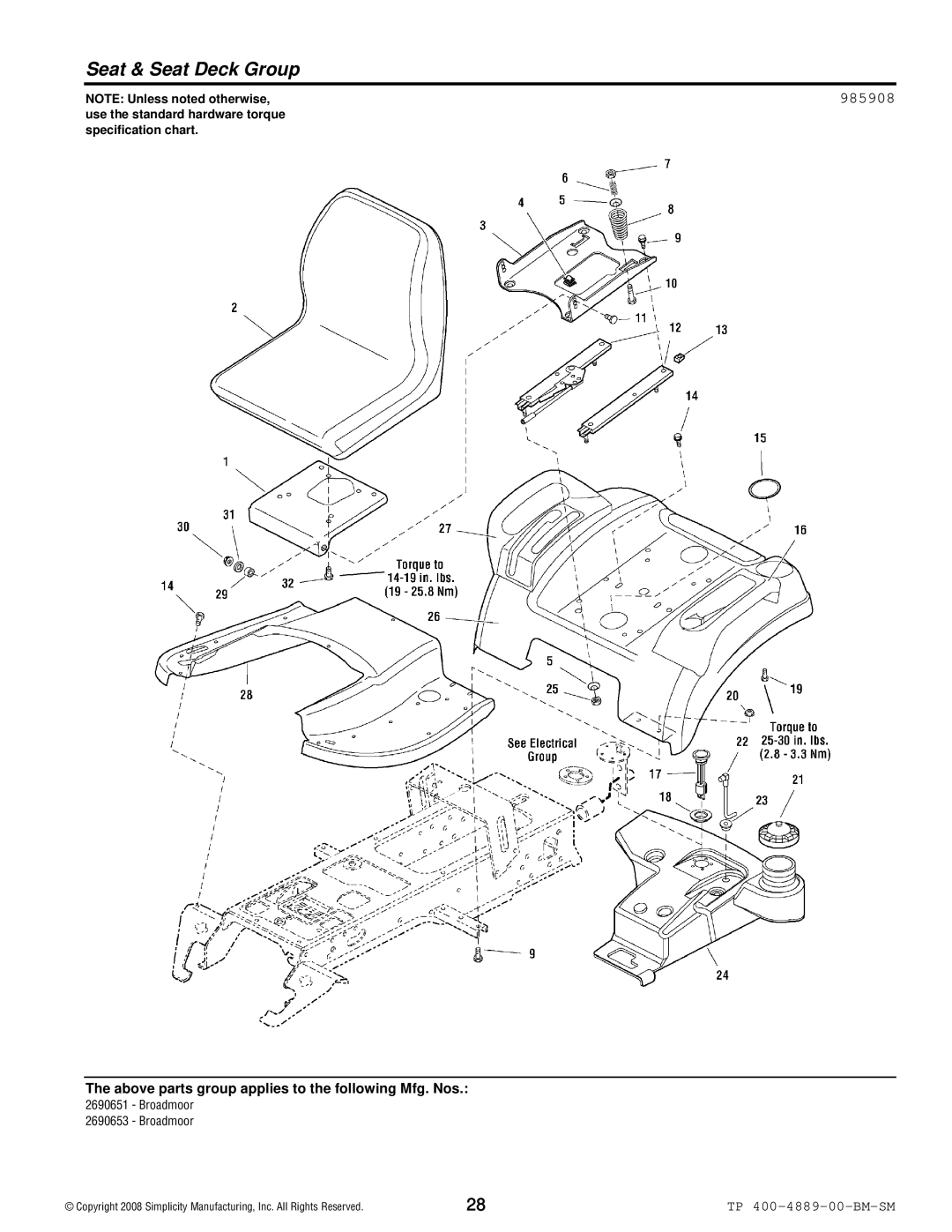 Simplicity 2600 Series manual Seat & Seat Deck Group, 985908 