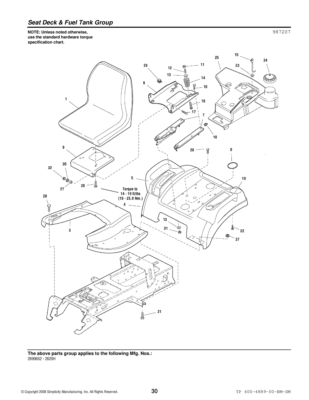 Simplicity 2600 Series manual Seat Deck & Fuel Tank Group, 987207 