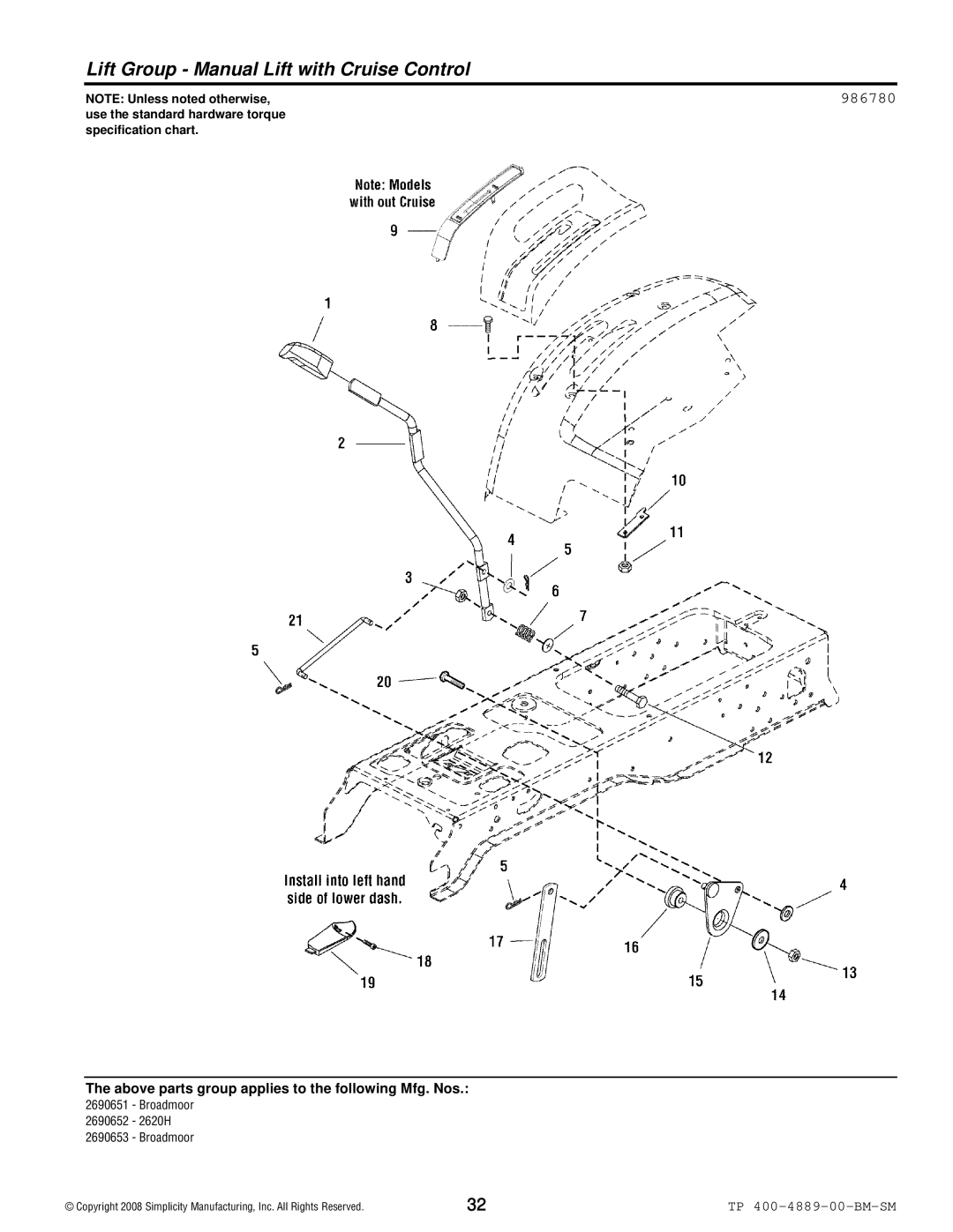 Simplicity 2600 Series manual Lift Group Manual Lift with Cruise Control, 986780 