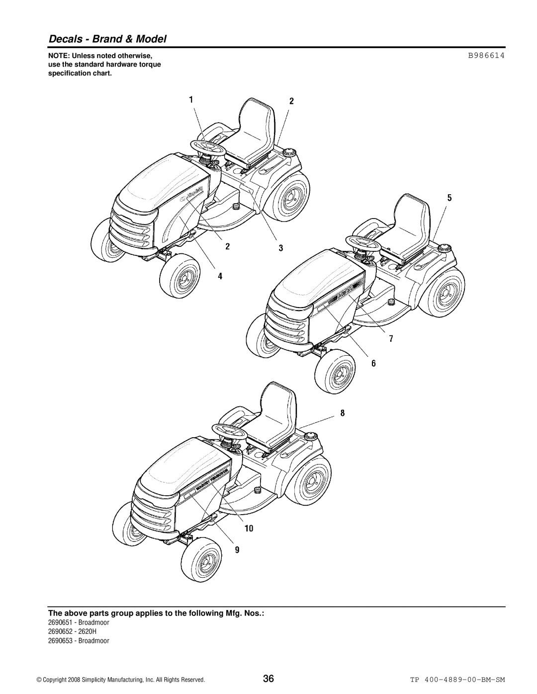 Simplicity 2600 Series manual Decals Brand & Model, B986614 