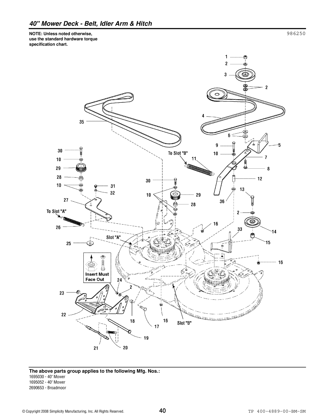 Simplicity 2600 Series manual Mower Deck Belt, Idler Arm & Hitch, 986250 