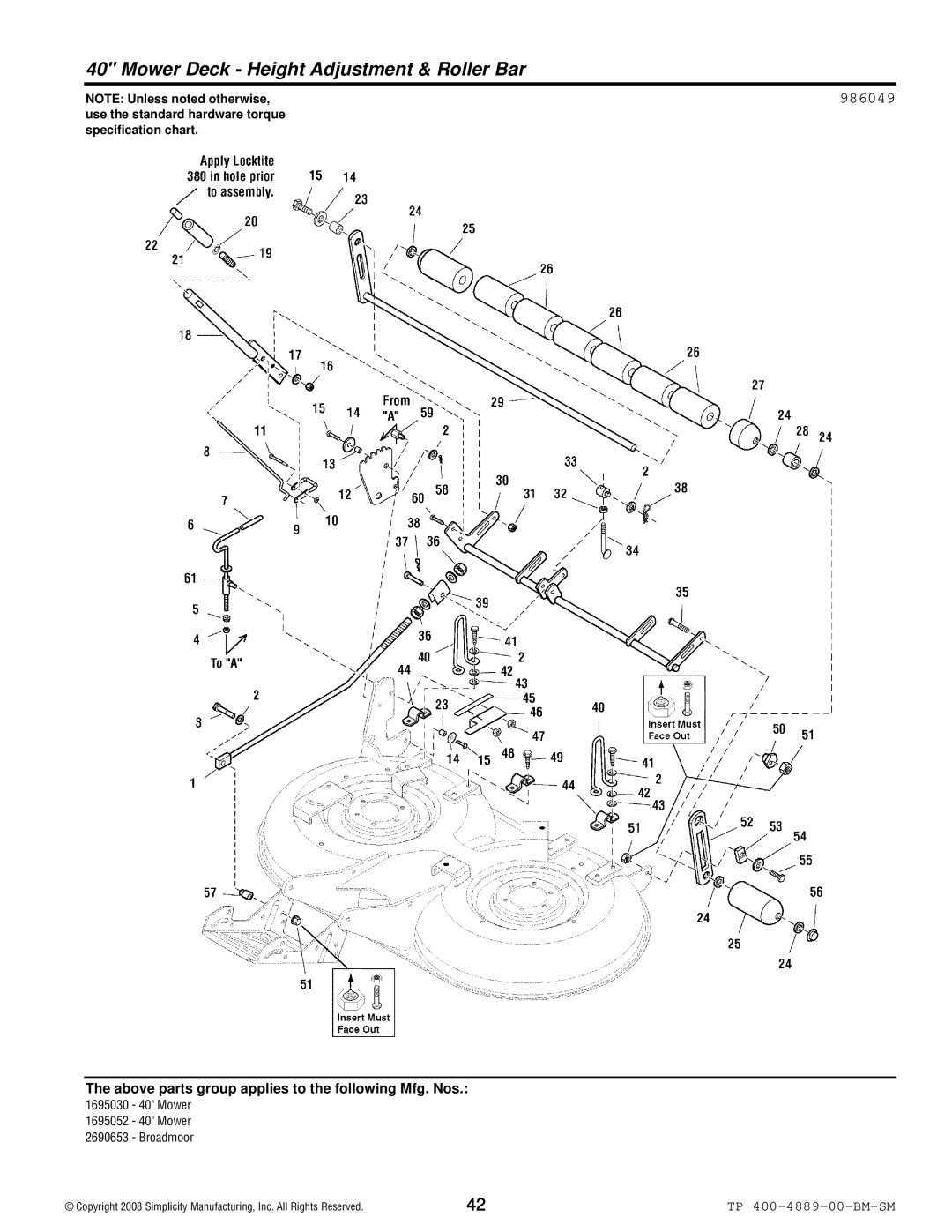 Simplicity 2600 Series manual Mower Deck Height Adjustment & Roller Bar, 986049 