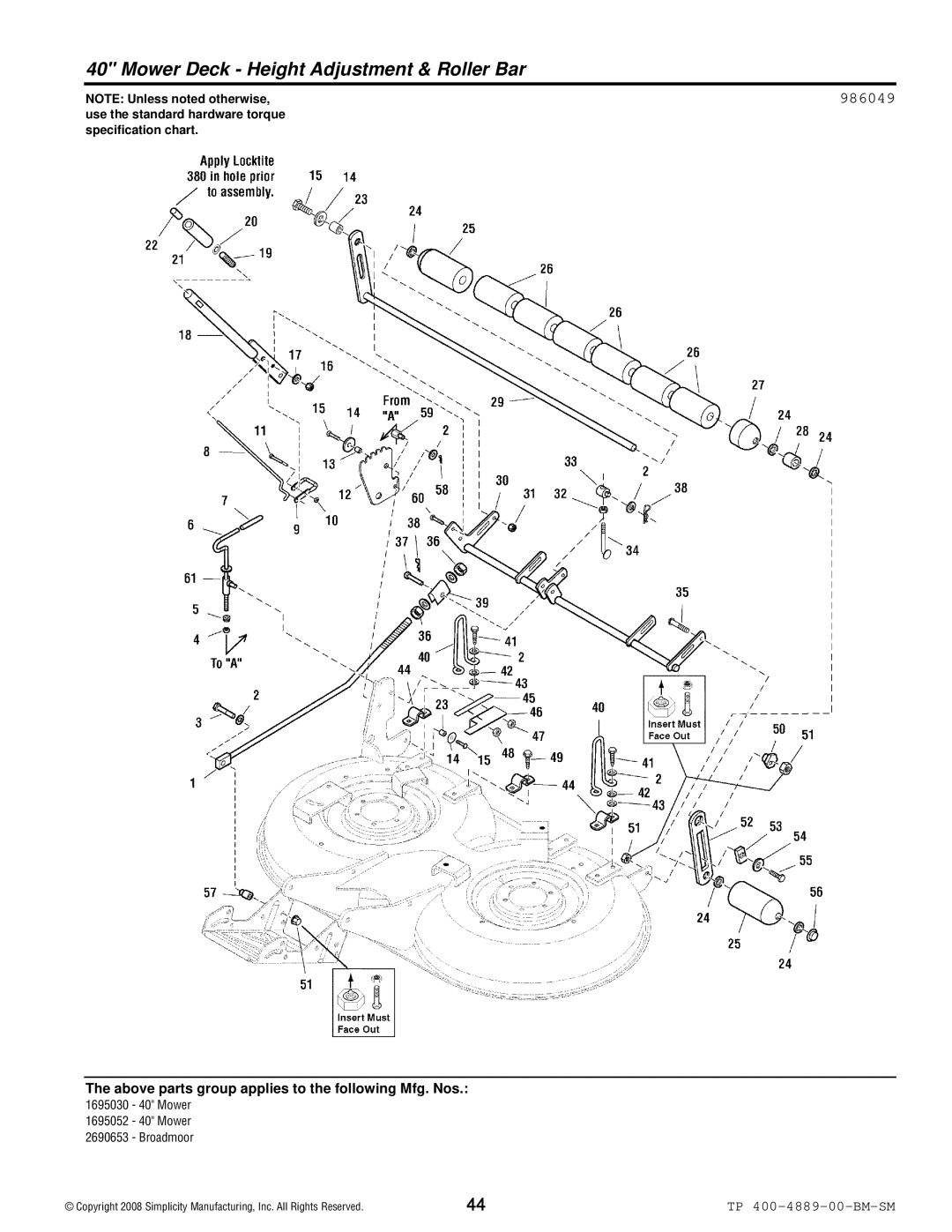 Simplicity 2600 Series manual Mower Deck Height Adjustment & Roller Bar 