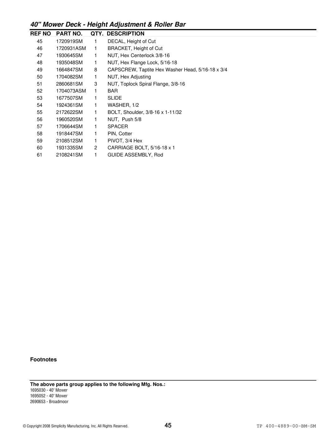 Simplicity 2600 Series manual Bar, Slide 