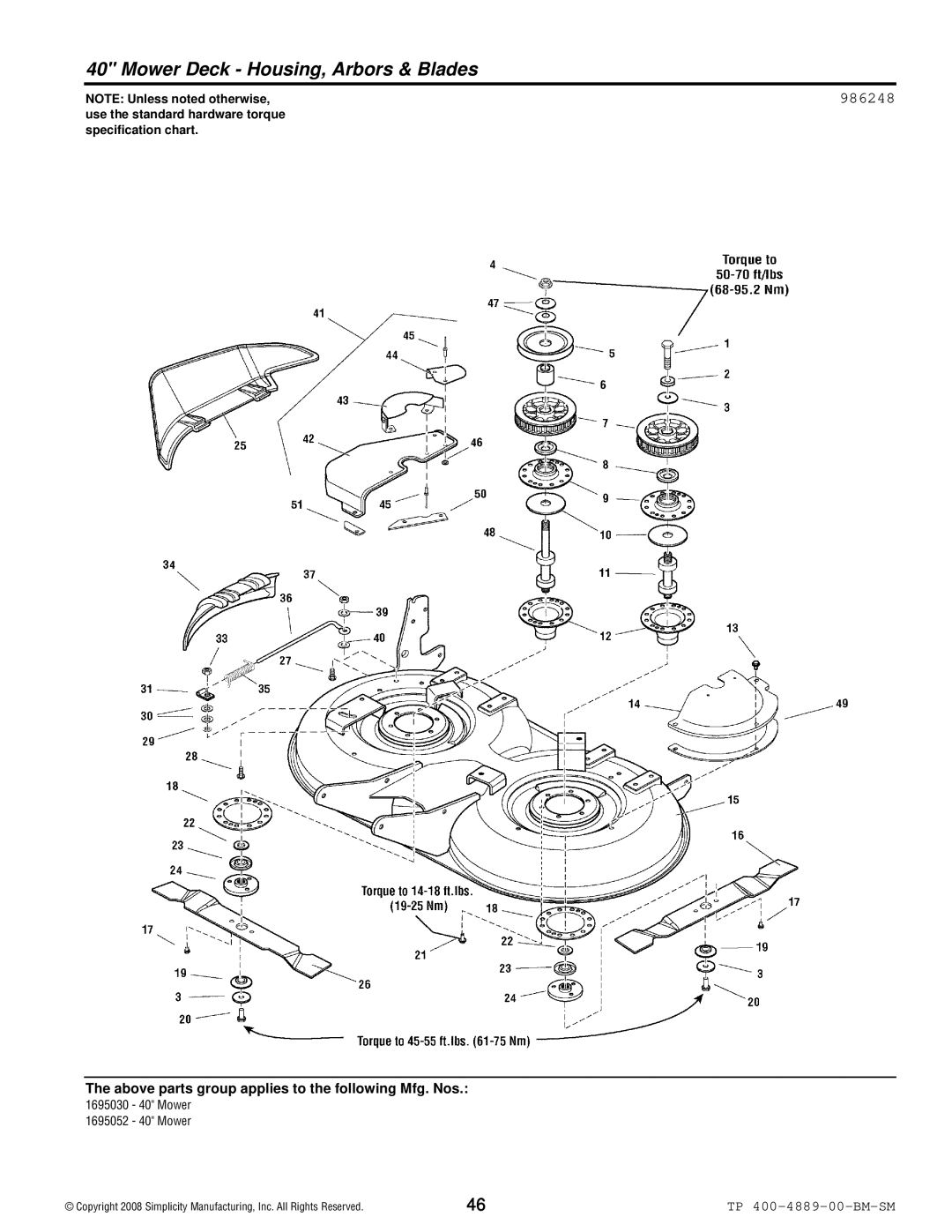 Simplicity 2600 Series manual Mower Deck Housing, Arbors & Blades, 986248 