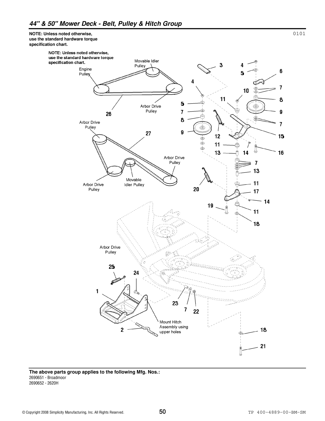 Simplicity 2600 Series manual 44 & 50 Mower Deck Belt, Pulley & Hitch Group, 0101 