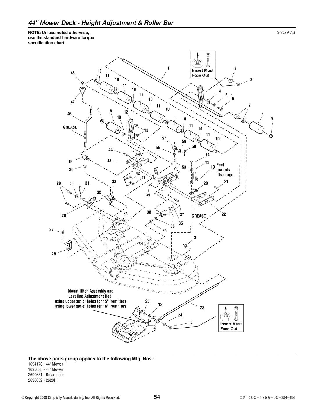 Simplicity 2600 Series manual Mower Deck Height Adjustment & Roller Bar, 985973 